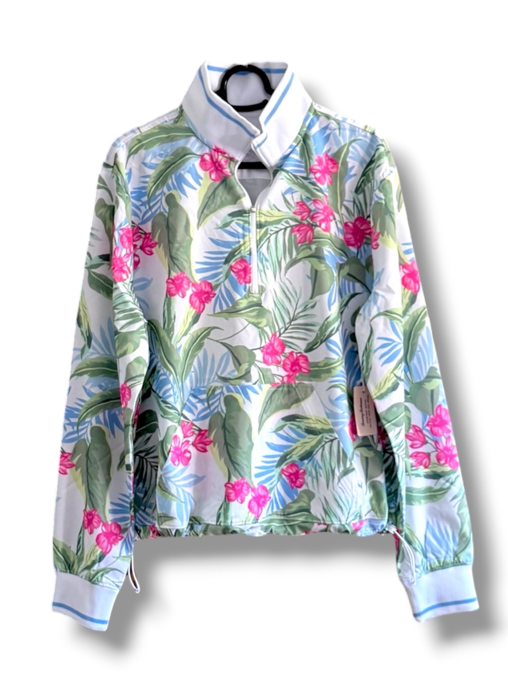 Tommy Bahama Tropical Floral Quarter-Zip Pullover Kangaroo Pockets Cinch Waist